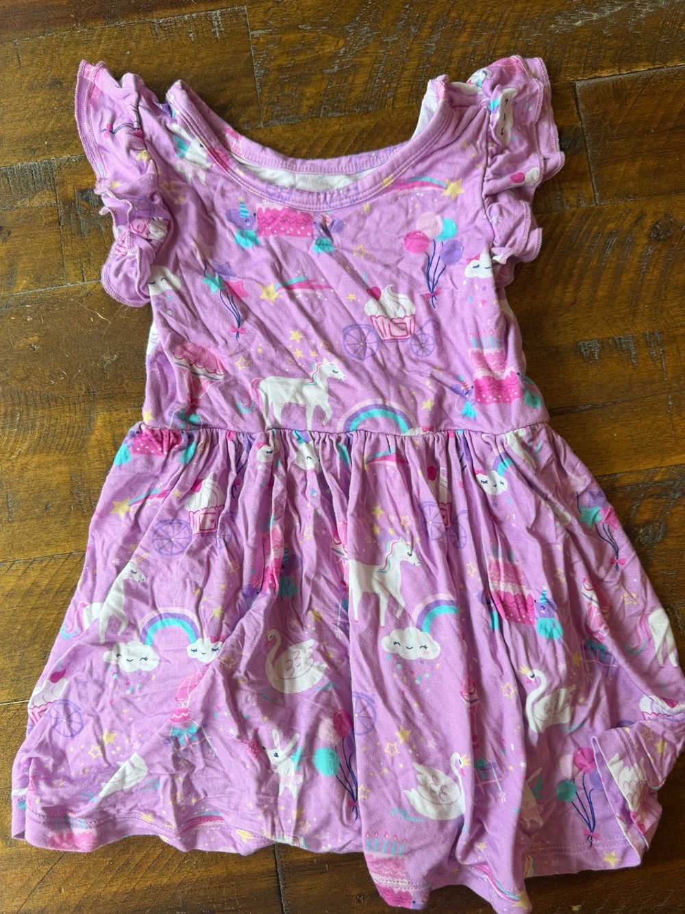 Little Sleepies Pink Unicorn & Rainbow Flutter-Sleeve Dress with Bodysuit